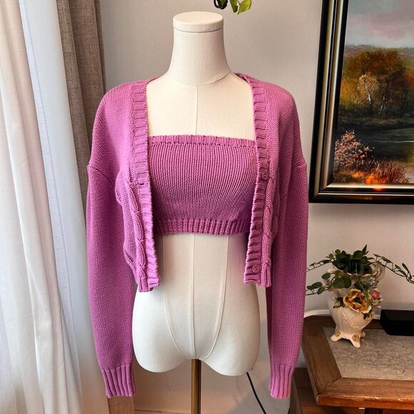 Lilac Cropped Cardigan and Tube Top Knit Two-Piece Set - Picture 1 of 7